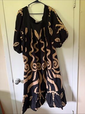 Bohemian Black Maxi Dress with Tan Leaf & Swirl Motif
